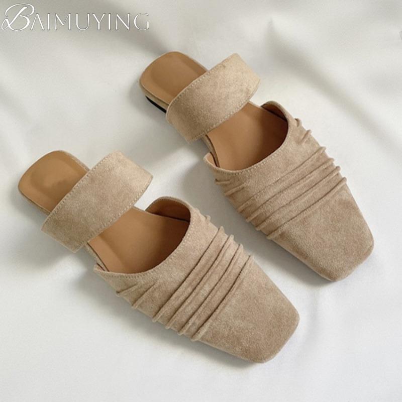 Fashion Casual Mules Women's Slippers Square Toe Flat Sandals Loafers Shoes Woman 2025 Trend Summer Soft Sole Shallow Comfort Sandalias