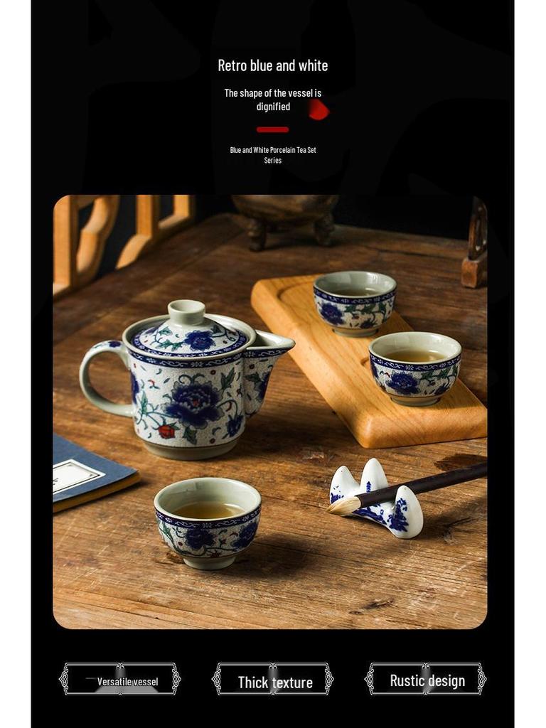 Blue & White Porcelain Chinese Retro Small Ceramic Teapot with Lid and Handle for Gongfu Tea in Living Room Set