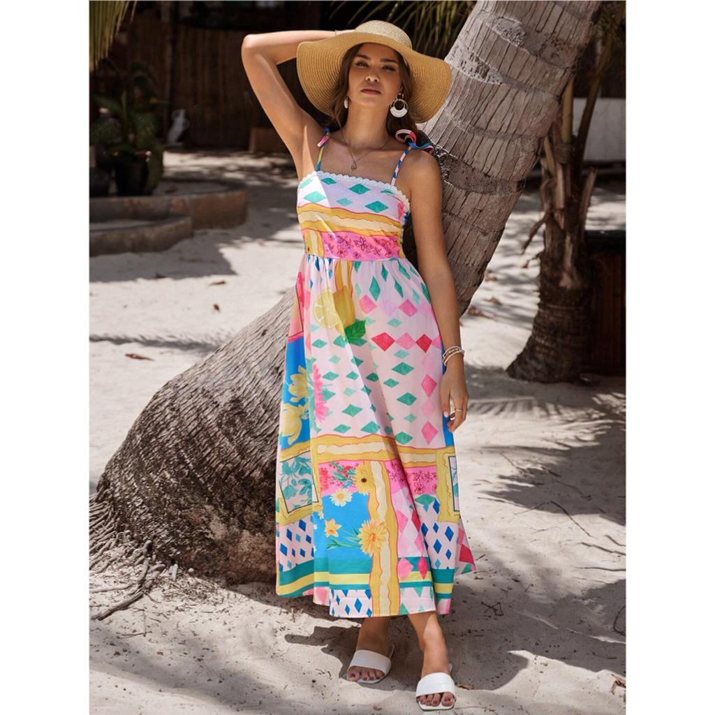 Damska Letnia Codzienna Długa Sukienka Boho na Ramiączkach Spaghetti z Kwadratowym Dekoltem Bez Rękawów Rozkloszowana Sukienka Maxi A-Line Plażowa dla Kobiet