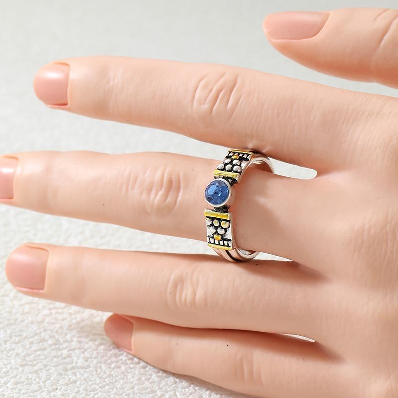 Vintage Inlaid Blue CZ Women's Ring Ethnic Two Color Geometry Daily Wear Party Jewelry Anniversary Gift