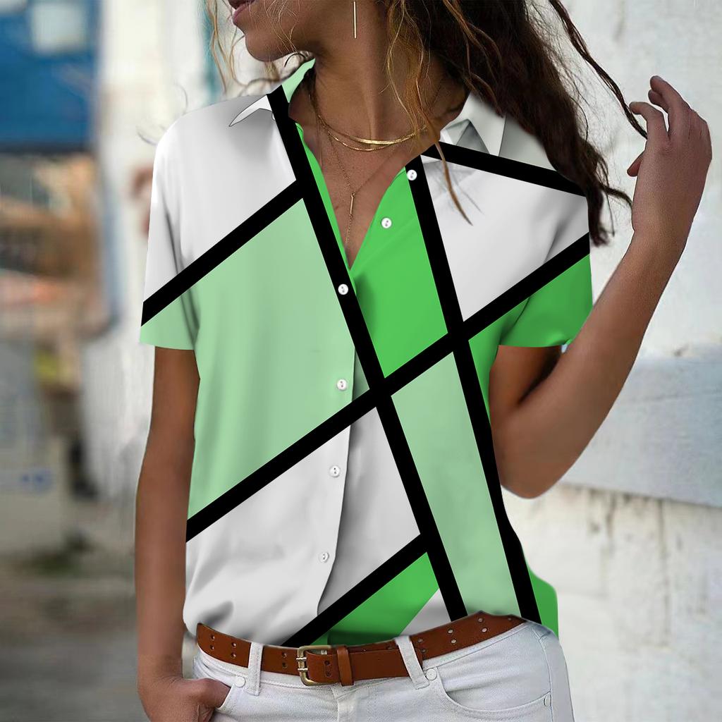 2025 Summer New Fashion Women's Geometry Printed Short Sleeve V-neck Casual Button-down Shirt Top