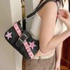 Fashion Black Pink Star Chic Cowboy Tote Bag with Punk Buckle Strap, Y2K Style Underarm Handbag Purse for Women Daily Party Use