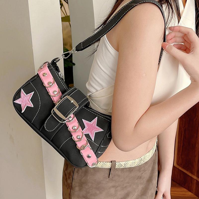 Fashion Black Pink Star Chic Cowboy Tote Bag with Punk Buckle Strap, Y2K Style Underarm Handbag Purse for Women Daily Party Use