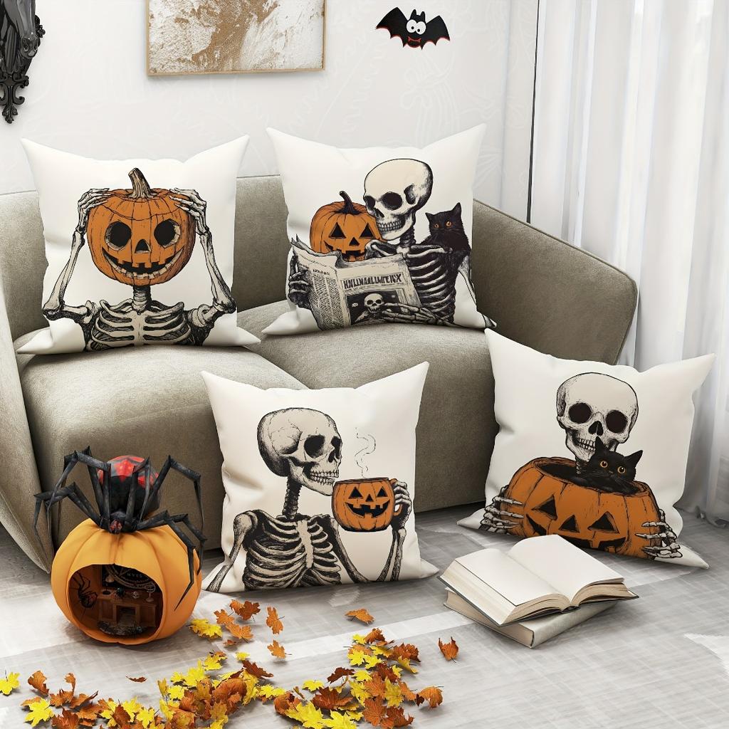 4Pcs Halloween Linen Cushion Cover Trick or Treat Theme Pillowcase Pumpkin-Skeleton Pillow Cover Halloween Party Decoration 2025