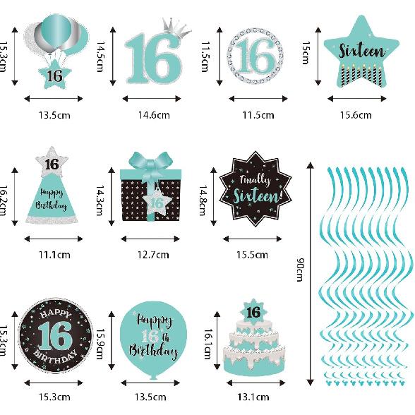Happy 16th Birthday Party Hanging Swirls Streams Ceiling Decorations, Celebration Sweet 16 Foil Hanging Swirls with Cutouts for 16 Years Teal Silver