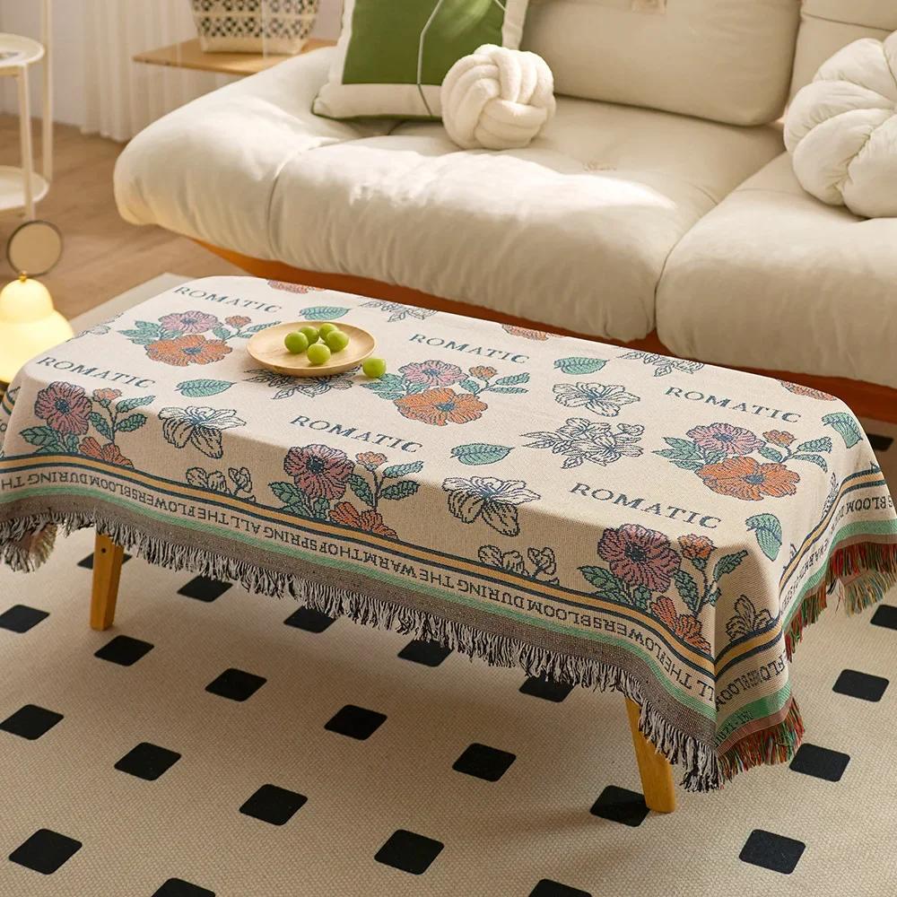 Cotton Yarn Tassel Dining Table Cloth Bohemian Style Double Printed Tablecloth Home Decoration Multifunctional Cover Cloth Towel