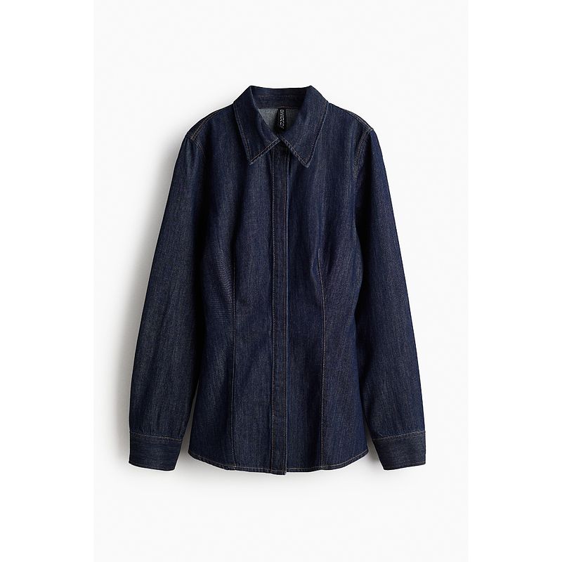 

HM Women s Shirt Autumn Women s Minimalist Plaid Texture Waist-Tight Retro Denim Shirt 1239068 Dark Blue 170/104