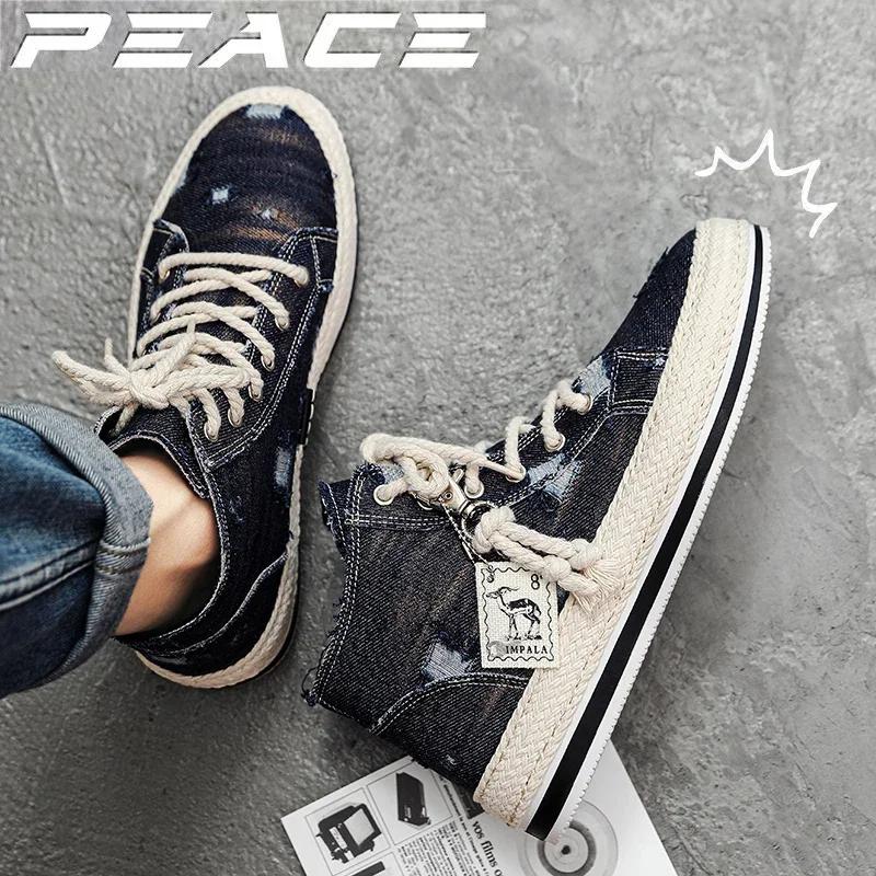 Herre High Top Canvas Sneakers med Snøring Klassiske Casual Gåsko Ungdom Rundown Stil Cricketsko