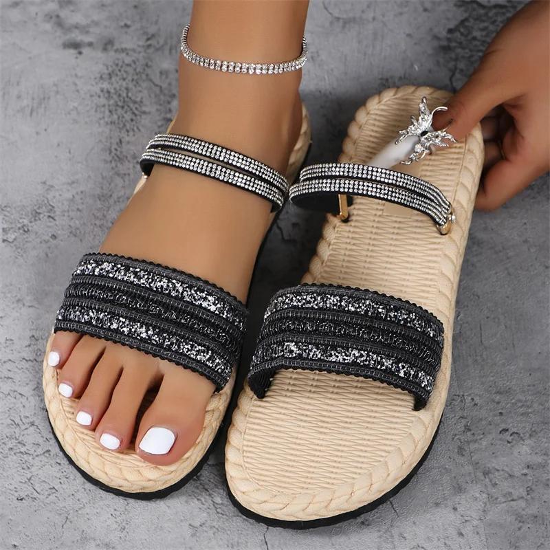 Fashion 2024 New Summer Fashionable Comfortable and Casual Soft-soled Thick-soled Rhinestone Flat-soled Wear-resistant Women's Slippers