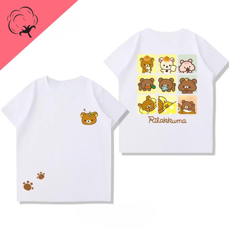 Anime Shirt Rilakkuma Cartoon Cotton Crewneck Casual Kawaii Unique Printed Tee Boy Girl Cute Style Camisa Y2k Clothes Women Tops