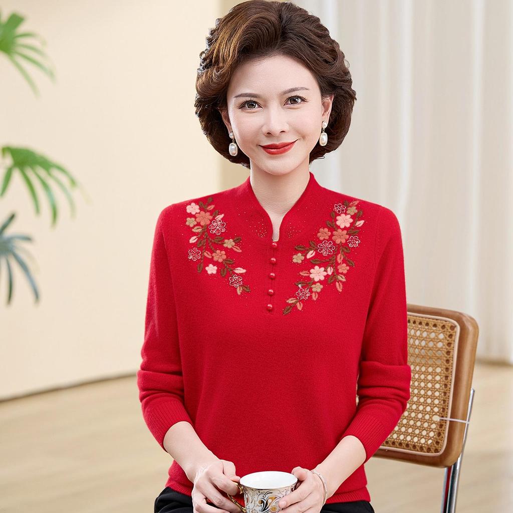 High-End Embroidered Cashmere Sweater for Women - Loose, Festive, Perfect for Middle-Aged and Elderly Moms, Pure Wool Base Layer