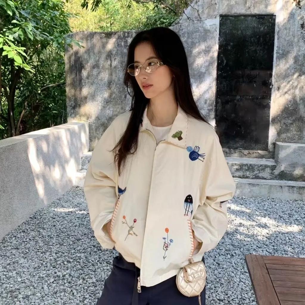 Chaqueta Fina Bordada con Flores y Pájaros Vintage para Mujer, Informal, Holgada, Versátil, con Cremallera, Ropa de Abrigo Diaria