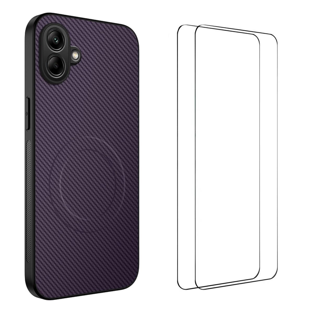 

Для Samsung Galaxy A06 4G Магнитный чехол WANLONFENG Серия TQ1 Текстура углеродного волокна ПК ТПУ Чехол для телефона с 2 защитными пленками Purple