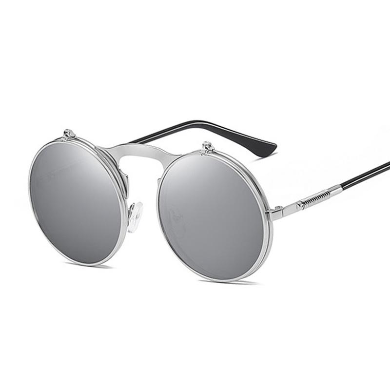Round Steampunk Sunglasses Man Vintage Flip Celebrity Sun Glasses Male Driving Superstar Luxury Brand Designer Metal Shades