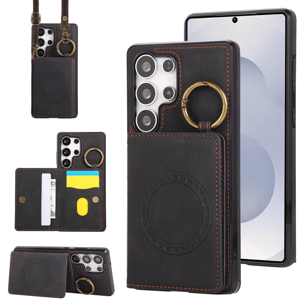 Crossbody Ring Holder Vertical Card Solt Wallet Leather Case For Samsung S26 Ultra S25 Plus S24 A26 A17 A07 long Lanyard Cover