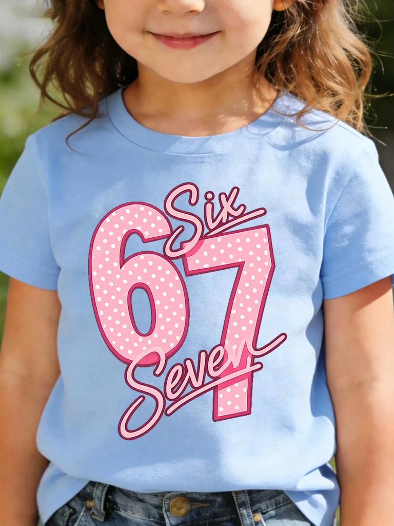 Childrens Shortsleeved Tshirts for Boys and Girls Loose and Breathablenumber 67 Pink Polka Dot Number Six Seven Number