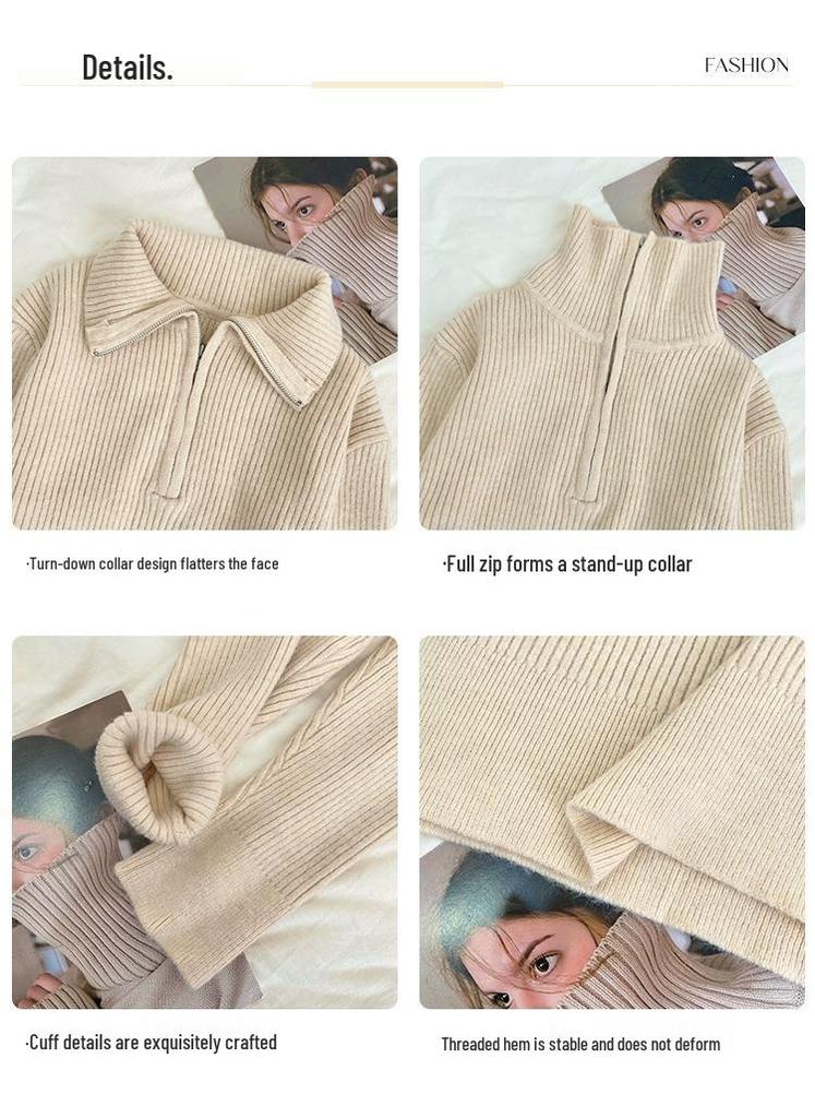 Women's Half-Zip Sweater, Loose Knitwear with Lapel Design, for Spring and Autumn 2026.