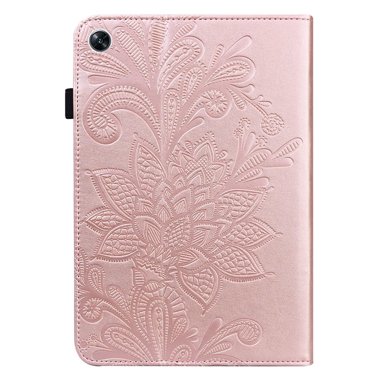 

For Oppo Pad Air Flower Imprinting Tablet Protective Case PU Leather Shockproof Adjustable Stand Wallet Cover with Elastic Band Rose Gold