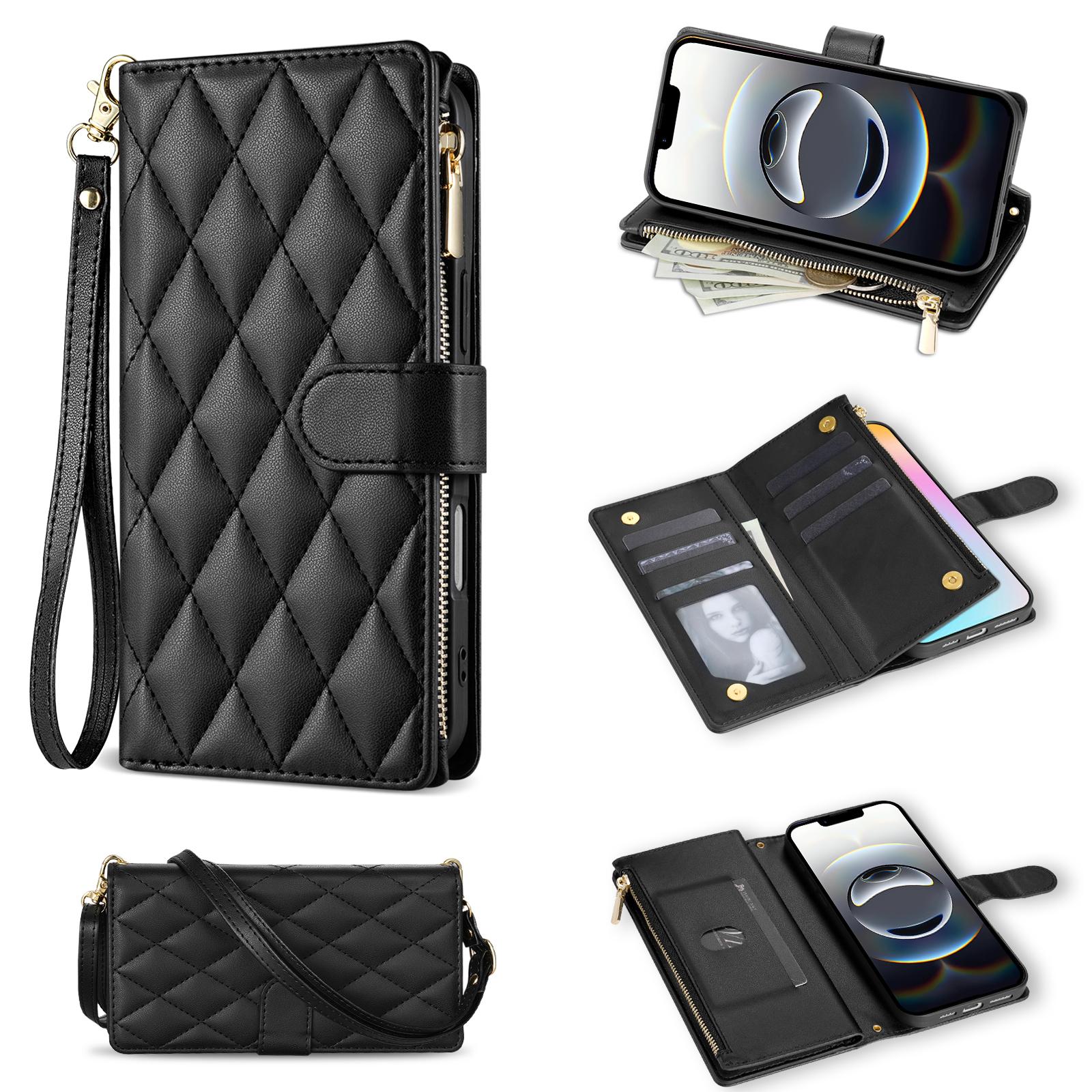 

For iPhone 16e Case Rhombus Stitching Leather Wallet Phone Cover with Long/Short Strap Black