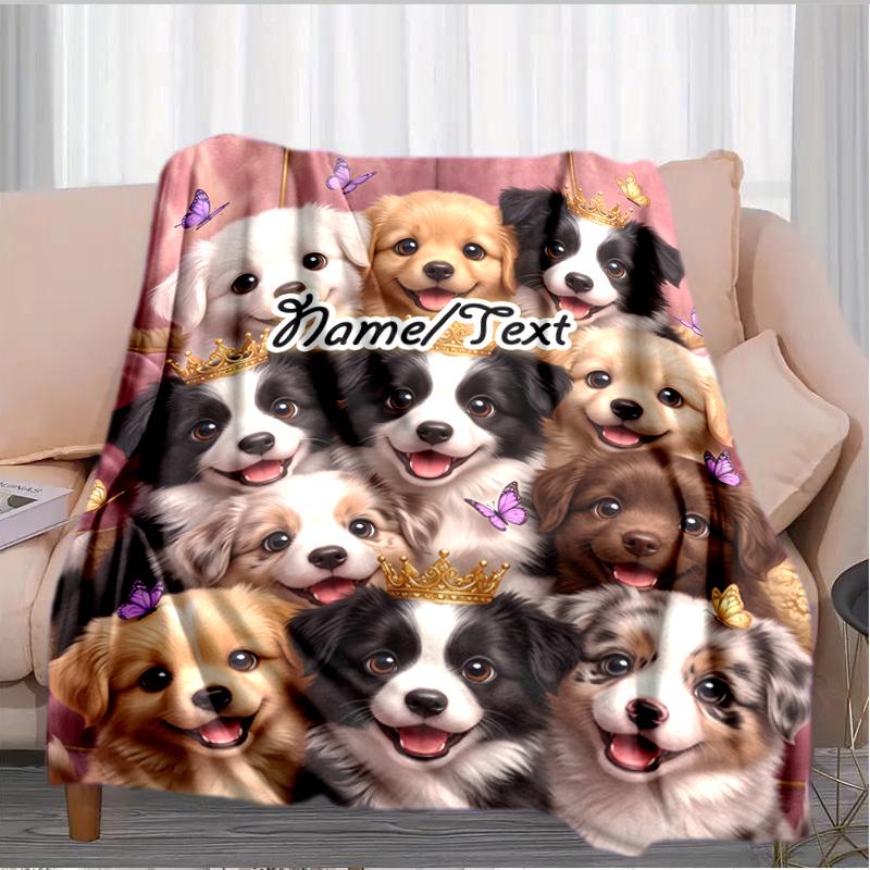 1PC Custom Name Royal Puppies Portrait flannel blanket versatile,all-season throw suitable for the living room,bedroom,camping,travel,and gift