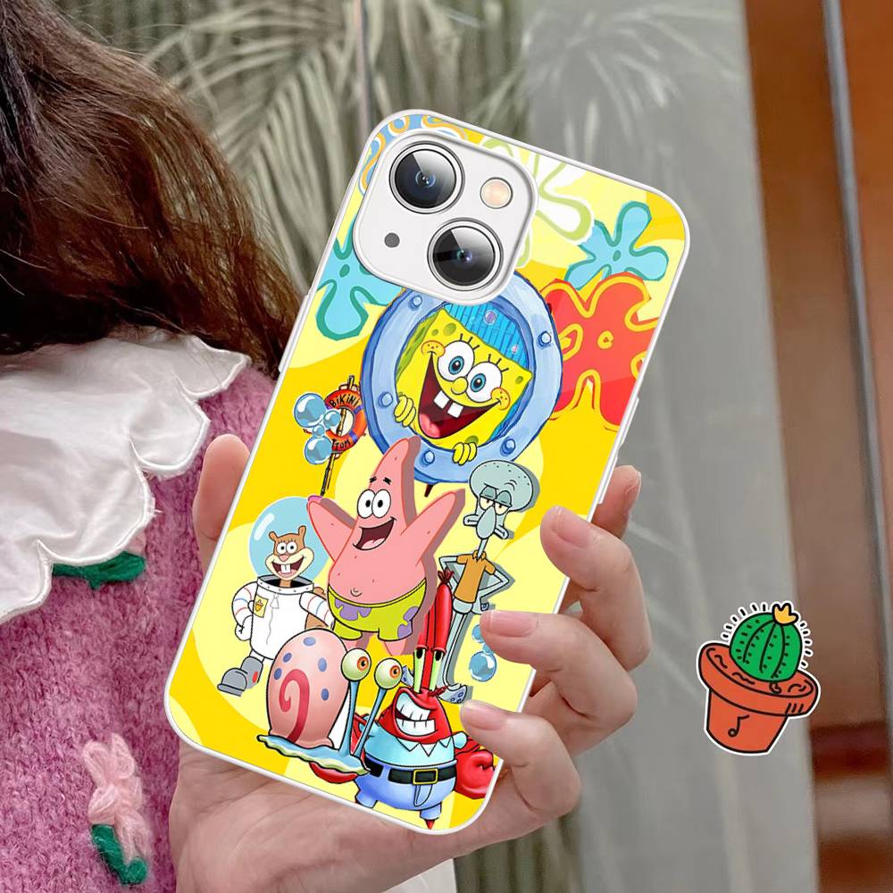 Cartoon Niedlich S-SpongeBob Anime Gehärtetes Glas Für Iphone 14 13 12 11 Pro Mini XS MAX 14Plus X XS XR Hüllen