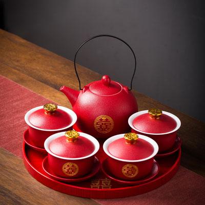 Chinese Style Double Happiness Porcelain Tea Set, Teapot and Cups, Gaiwan with Saucer, Ceremony Set Gifts, Wedding Celebration