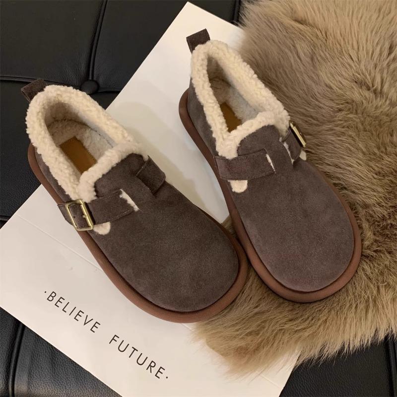 Winter Doudou shoes women's soft leather and velvet outer wear flat-bottomed retro soft-soled Boken big head and one foot cotton shoes