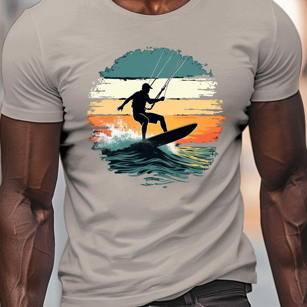 Kitesurfing Sunset Graphic Tee Men Breathable Cotton Casual Short Sleeve TShirt Outdoor Watersports