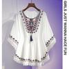 Women Summer Tees Retro Style Embroidery Blouses Cloak Top Loose Cotton Lace Hem Bat Sleeve Kimono Shirts Blusa Feminina