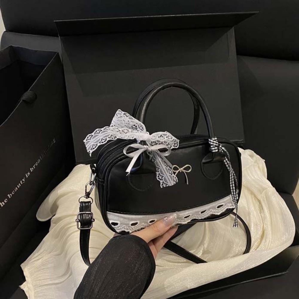 Lace Ribbon Boston Handbag Bow Small Square Bag Dumpling Style Crossbody Bowling Bag  Women