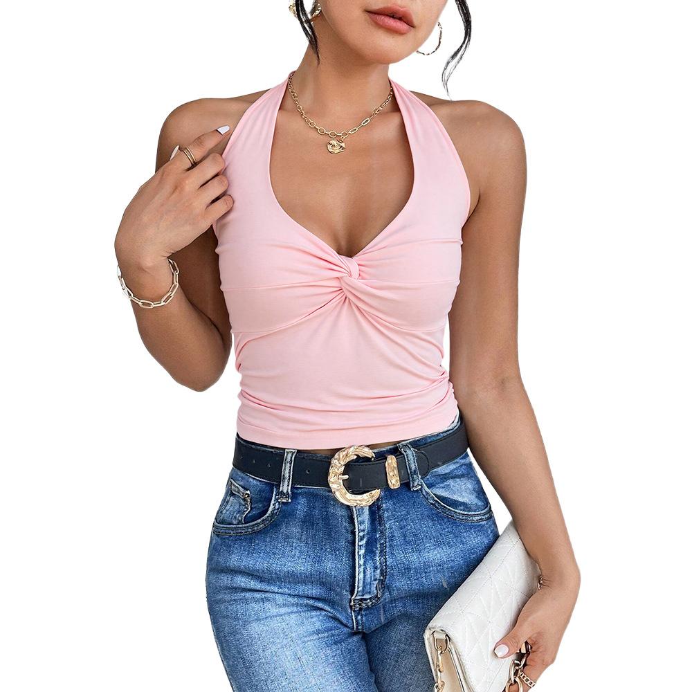 European and American French summer new sexy neck kink deep V-neck sleeveless vest women's slim short top