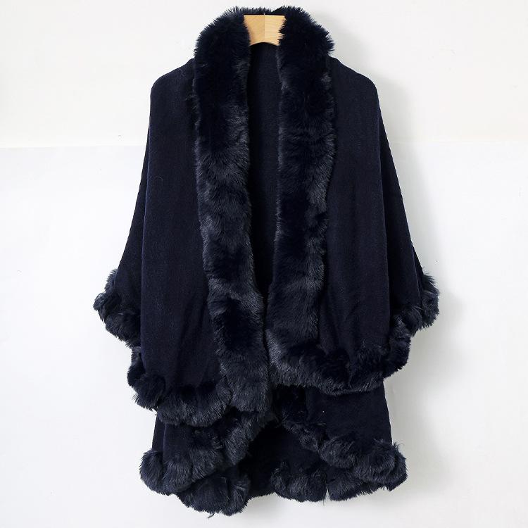 Women Double‑Layer Faux Fur Trim Poncho Shawl Winter Warm Open Front Cape Outerwear