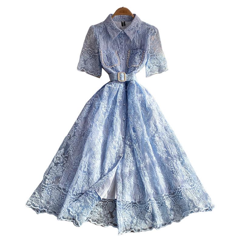 Super Fairy Princess Wind Heavy Industry Lace Mesh Lapel Dress Women's Summer French Celebrity Single-breasted Waist Dress