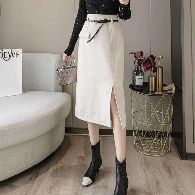 Autumn Wool Skirt High Waist Pencil Midi Skirts Women Elegant Office Outfit