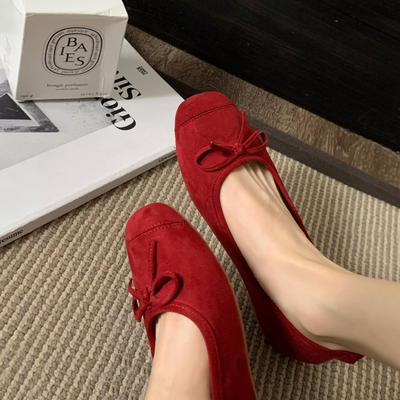 Schaffell-Version! Rote Ballerinas Damen Schleife Retro Abendwind Flache Sohle Damenschuhe Eckige Kappe Flacher Ausschnitt Oma-Schuhe