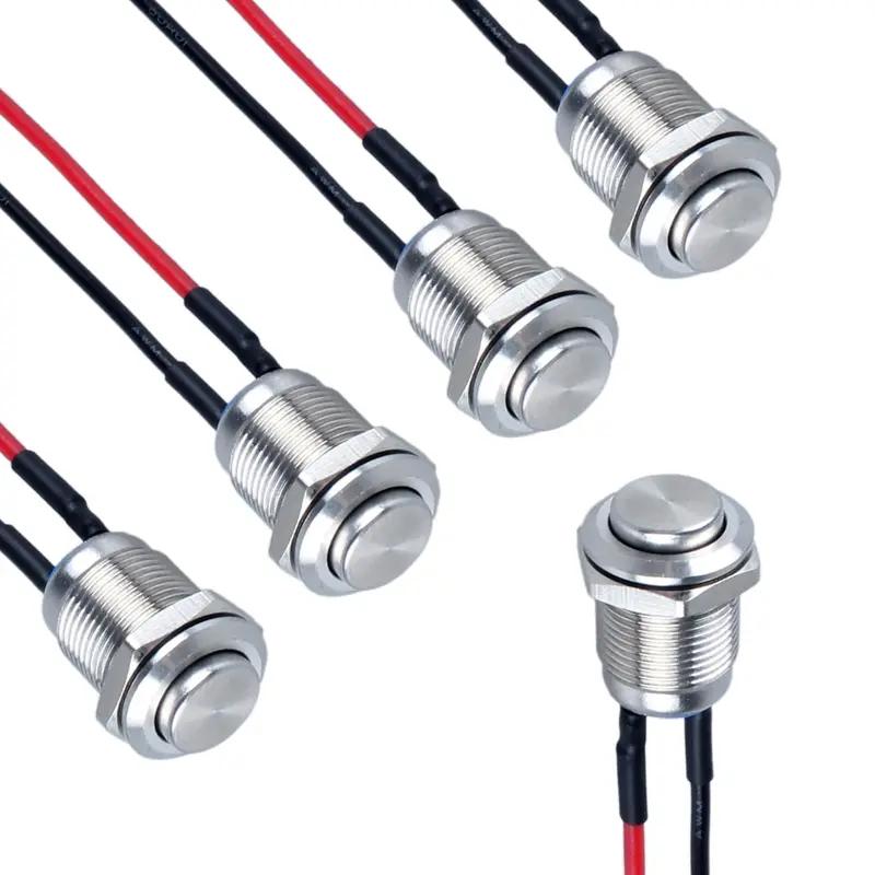 5pcs 12mm Round Head Momentary Push Button Switch Stainless Steel 1NO Normally Open with Pre-Soldered Cable for Car Boat