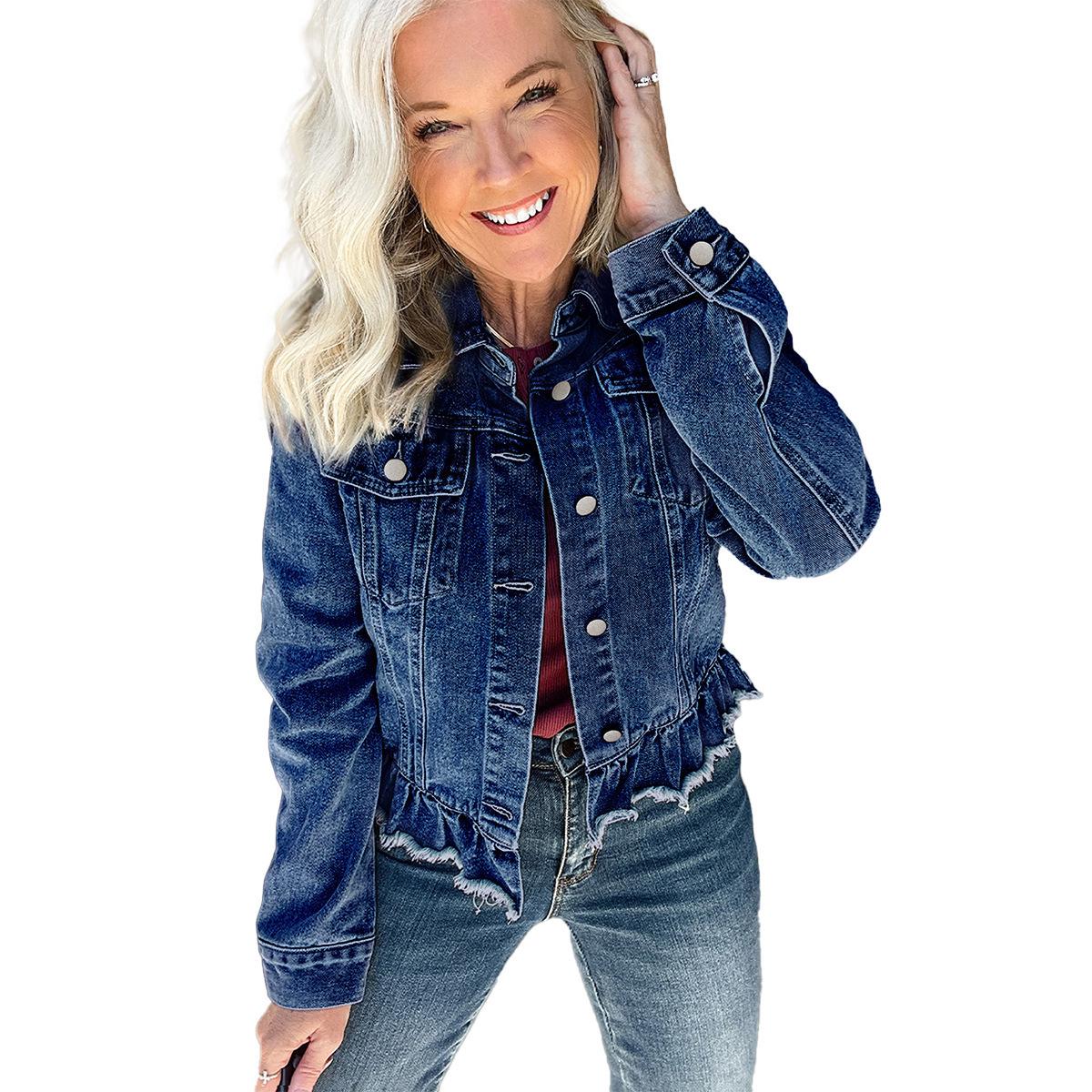 

Autumn Women s Solid Color Lapel Denim Jacket with Ruffles - European American Fashion Small