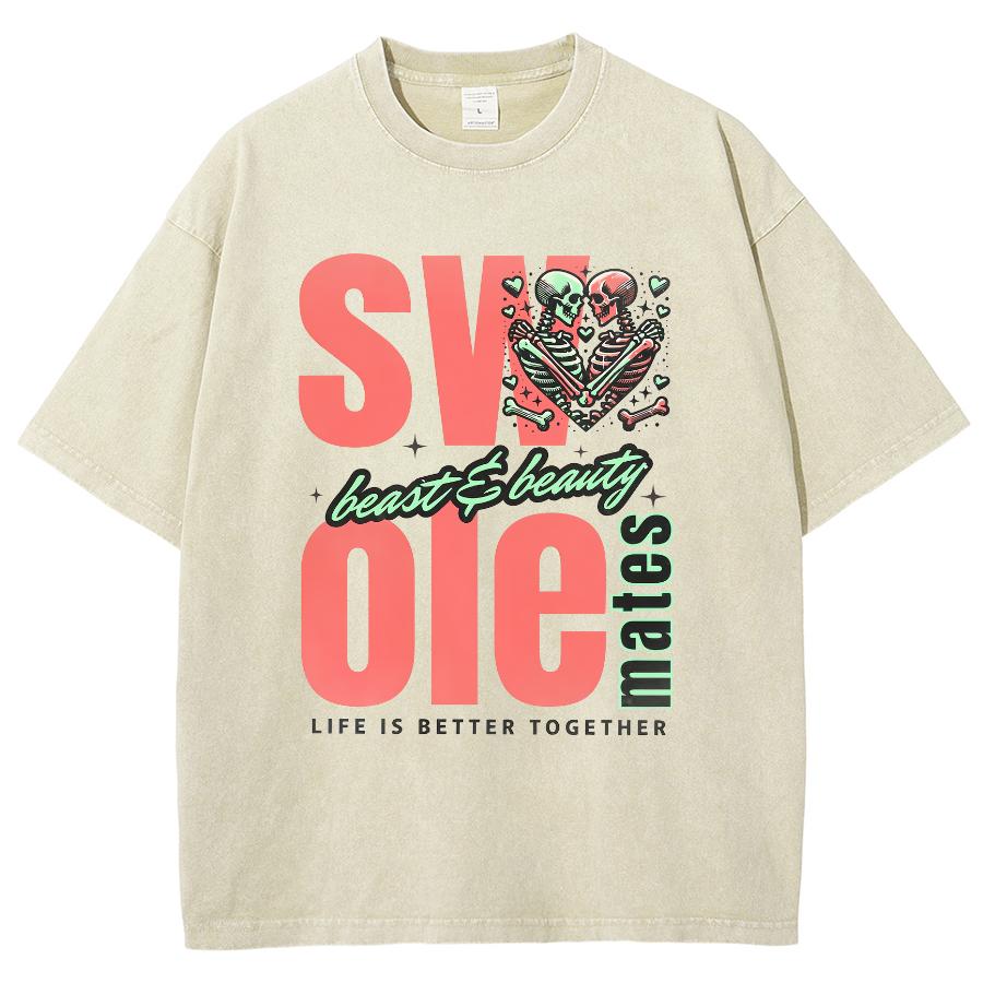 Casual Minimalist Oversized Monogram Print Women's T-Shirt Summer Comfortable Crewneck Washed Short Sleeve Street Top