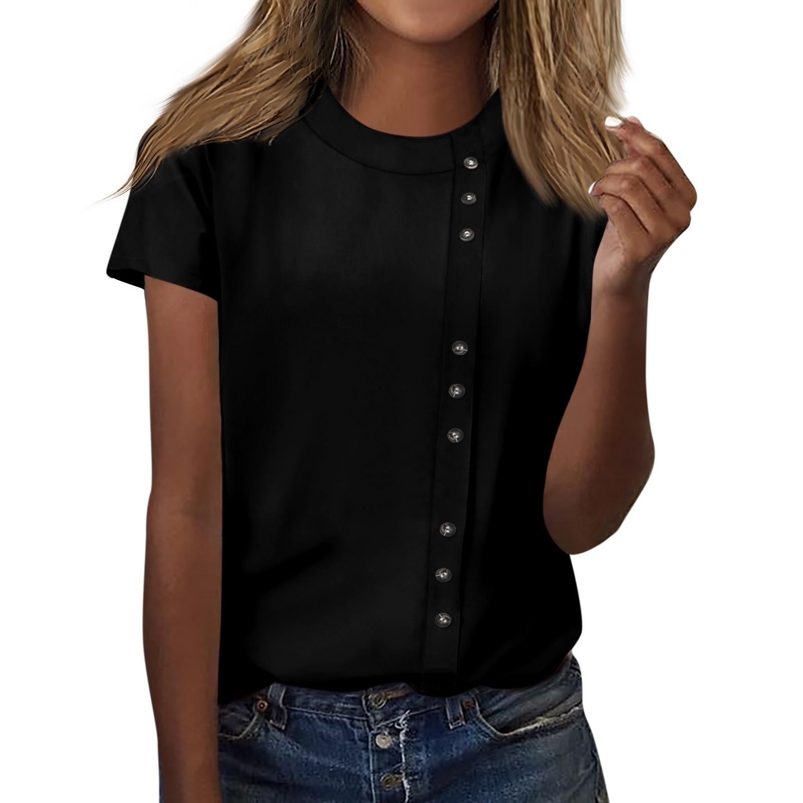 Женская модная повседневная футболка с круглым вырезом и декоративными пуговицами — фото 14