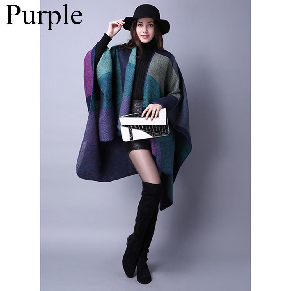 Soft New Women Cashmere Scarf Blanket Cloak Patchwork Plaid Poncho Wrap Shawl
