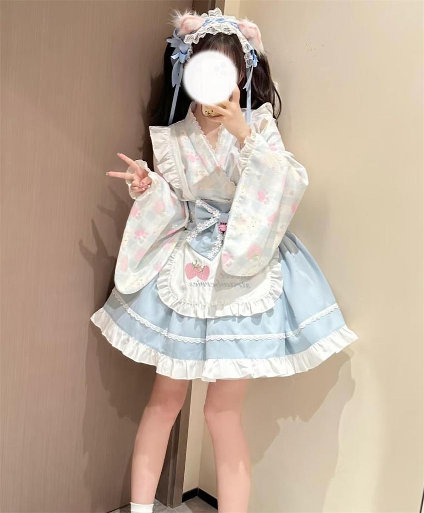 CAWILXHA Lolita Cosplay Japanese Light Blue and Princess Long Mori Dreamy Cute Halloween Costume Blue Dress, Costume, Style, Pink, Sleeves, Sleeves,