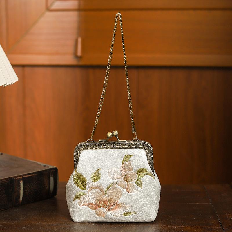 Embroidery Clip Lock Women's Coin Purse Retro Bifold Kiss Lock Small Wallet Simple Chains Lipstick Portable Pocket Clutch Bags