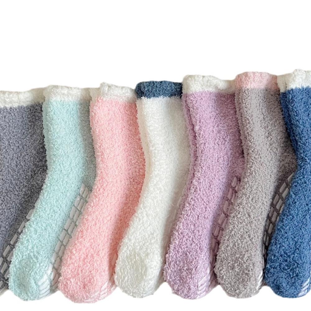 6 Pairs  Women's Non-Slip Thermal Fleece Socks Winter Thick Floor Socks Solid Color Mix Soft Polyester One Size Color As Same As The Picture