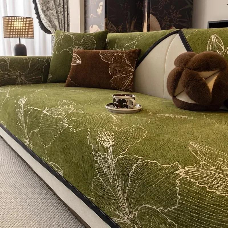 Flowers Print Chenille Sofa Cover Anti-slip Sofa Mat All Seasons Universal Chaise Lounge Couch Towel for Living Room Couch Cover