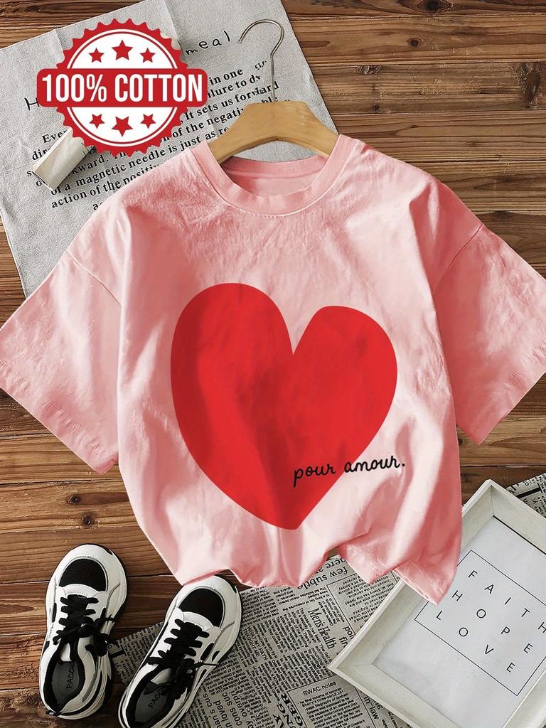 Graphic Love Heart Print 100% Cotton Women's T-Shirt Comfortable Crew Neck Short Sleeve Top Vintage Shirt Casual