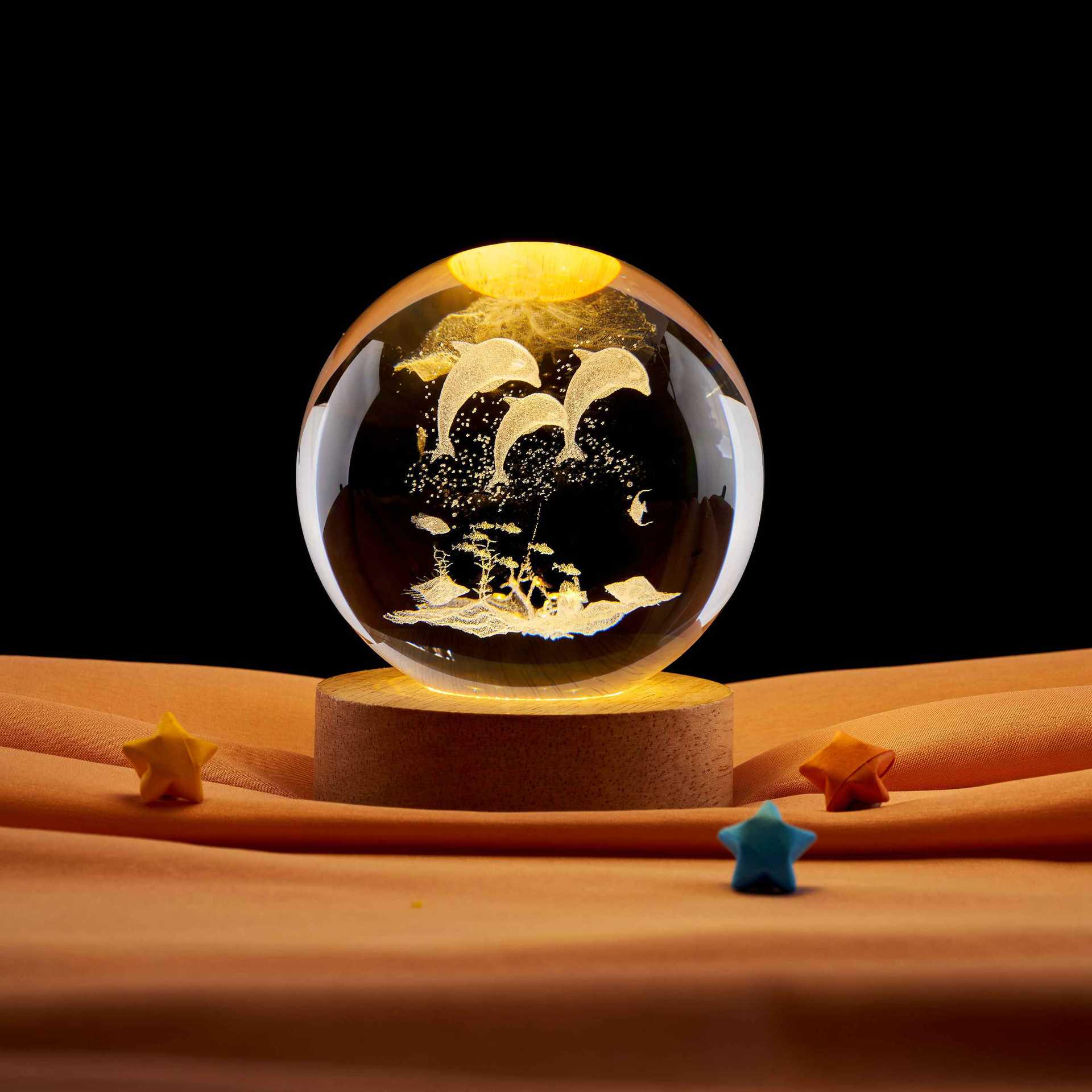 Three Dolphins 3D Crystal Ball Night Light - Creative Underwater Engraved Gift for Classmates and Friends