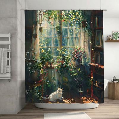 Sunny Bathroom Decor with Cat and Plants Shower Curtain - Artistic and Refreshing Home Decor for Stylish Home Upgrade Easy-Clean