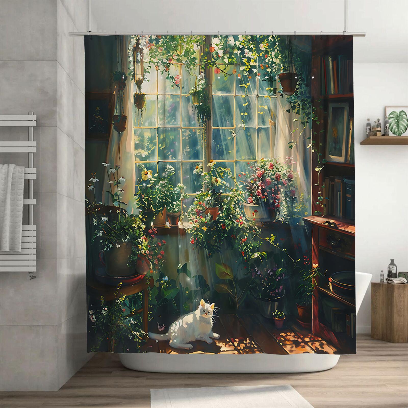 Dunika Chen Sunny Bathroom Decor With Cat And Plants Shower Curtain - Artistic And Refreshing Home Decor For Stylish Home Upgrade Easy-Clean