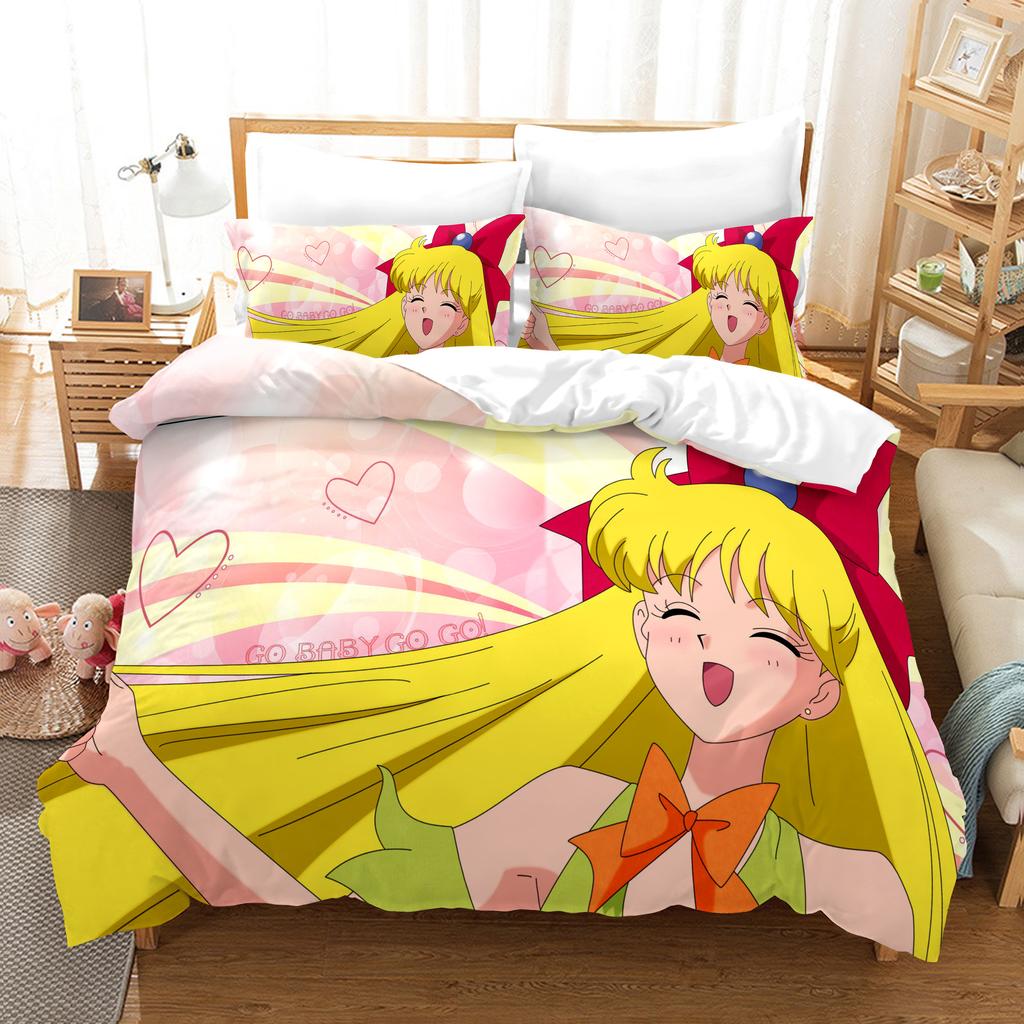 Lenjerie de pat Sailor Moon Textile de casă Imprimare digitală 3D Set de trei piese Husă de pilotă Față de pernă