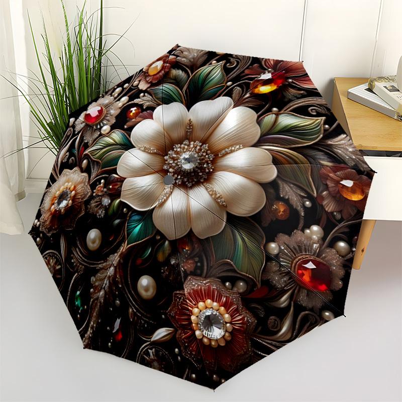 

1pc Floral Embroidery Automatic Open/Close Umbrella - Portable Collapsible Umbrella with 8-Rib Stability, Fashion Lovers yy251017103